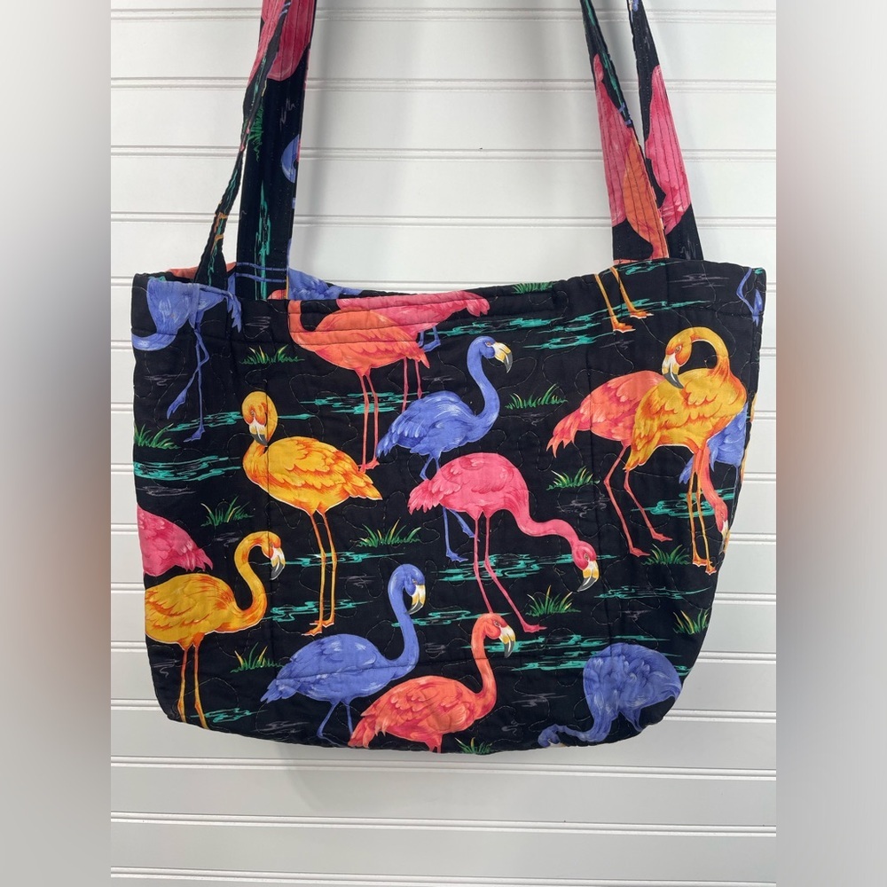 Handmade Colorful Flamingo Pattern Velcro Close Tote Bag or Purse EUC